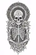 happy skeleton meditating, big sun with rays behind him, flowers as filler for sleevee  tattoo design idea
