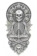 happy skeleton meditating, big sun with rays behind him, flowers as filler for sleevee  tattoo design idea