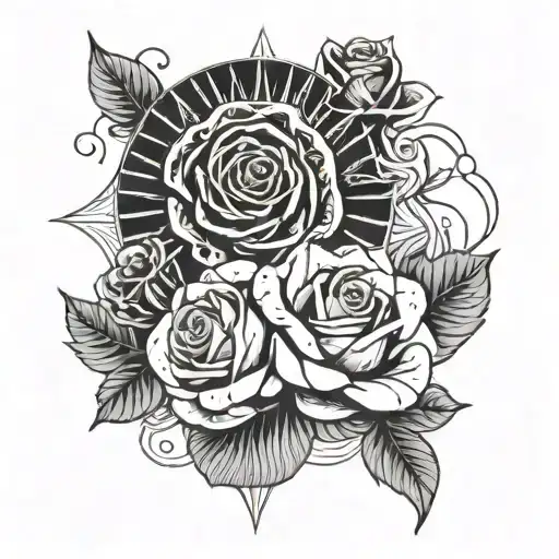 roses and shell and platonic fire symbol intertwined tattoo design idea