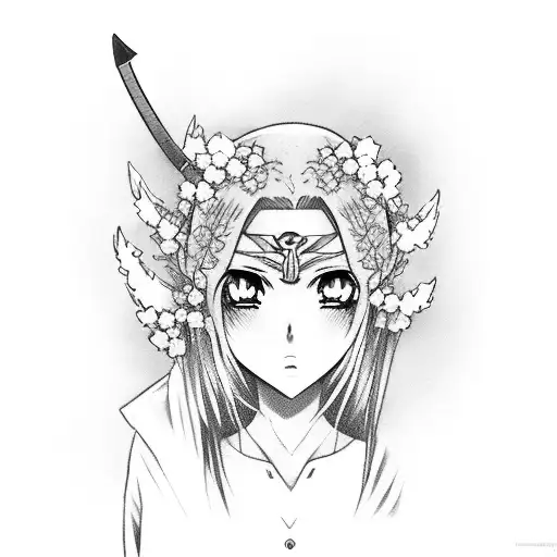 anime girl  with oni mask and katana surrounded by sakura trees tattoo design idea