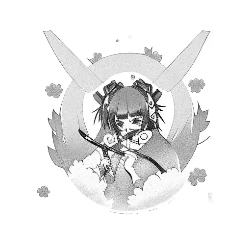 anime girl  with oni mask and katana surrounded by sakura trees tattoo design idea