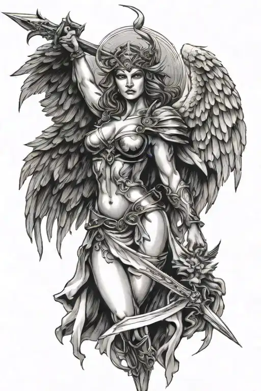 winged valkyrie with sword, angelic face and sexy body tattoo design idea
