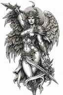 winged valkyrie with sword, angelic face and sexy body tattoo design idea