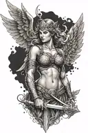 winged valkyrie with sword, angelic face and sexy body tattoo design idea