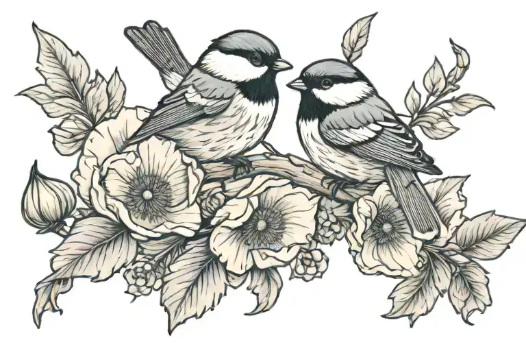 2 chickadee 1 finch perched on a poppy cuff tattoo wraps tattoo design idea