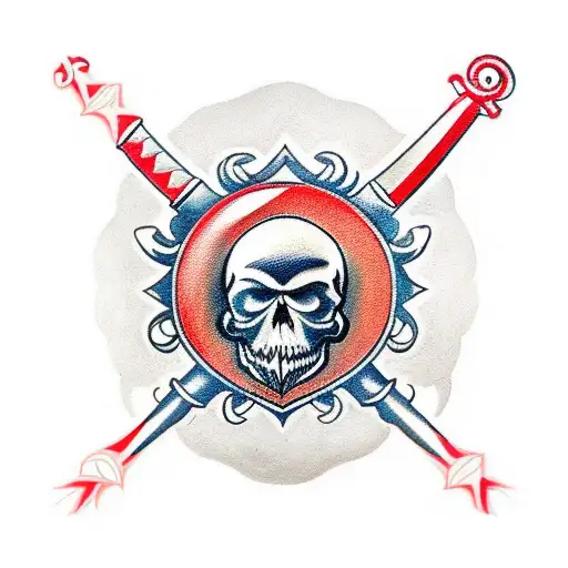 A traditional-style tattoo of a sword and shield crossed with a skull in the center tattoo design idea