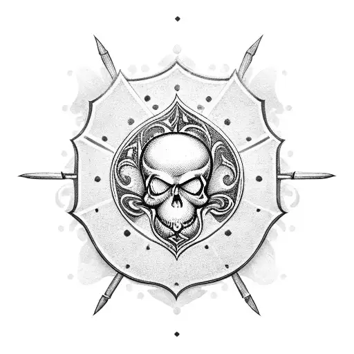 A traditional-style tattoo of a sword and shield crossed with a skull in the center tattoo design idea