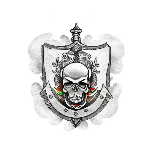 A traditional-style tattoo of a sword and shield crossed with a skull in the center tattoo design idea