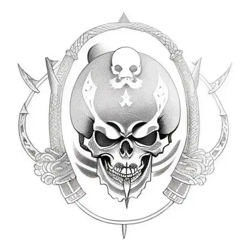 A traditional-style tattoo of a sword and shield crossed with a skull in the center tattoo design idea