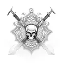 A traditional-style tattoo of a sword and shield crossed with a skull in the center tattoo design idea