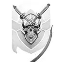 A traditional-style tattoo of a sword and shield crossed with a skull in the center tattoo design idea