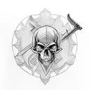 A traditional-style tattoo of a sword and shield crossed with a skull in the center tattoo design idea