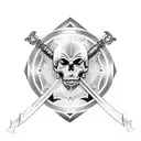 A traditional-style tattoo of a sword and shield crossed with a skull in the center tattoo design idea