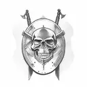 A traditional-style tattoo of a sword and shield crossed with a skull in the center tattoo design idea