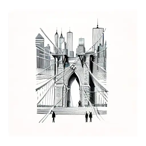 An intricate line drawing of the Brooklyn Bridge at sunset, with the skyline of Brooklyn in the background tattoo design idea