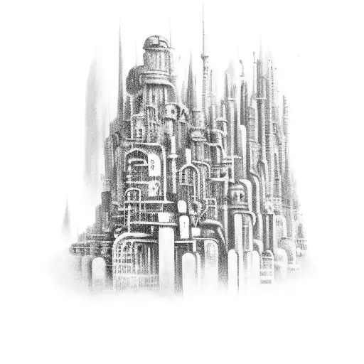 A surrealistic painting of a cityscape with a hidden doorway leading to another dimension tattoo design idea