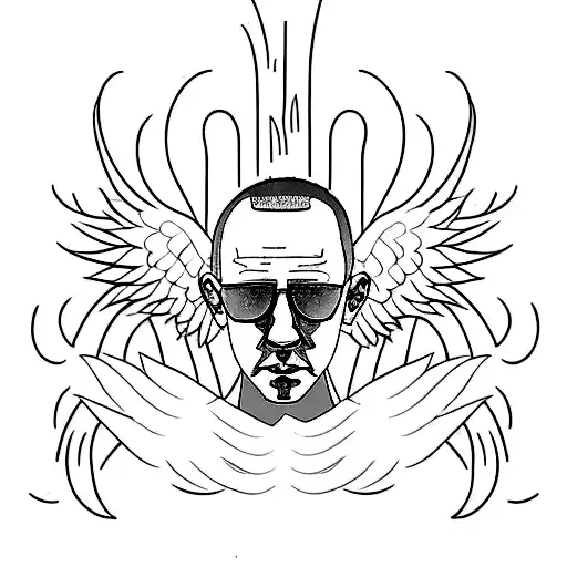 A minimalist portrait of Chester Bennington with angel wings tattoo design idea