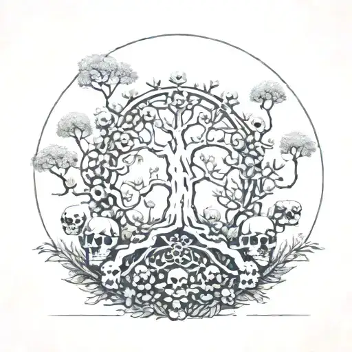 flowering tree of life atop a mound of many skulls encased in a circle tattoo design idea