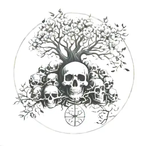 flowering tree of life atop a mound of many skulls encased in a circle tattoo design idea