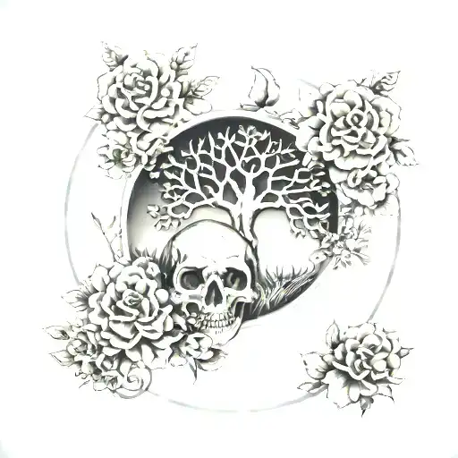 flowering tree of life atop a field of skulls encased in a circle tattoo design idea