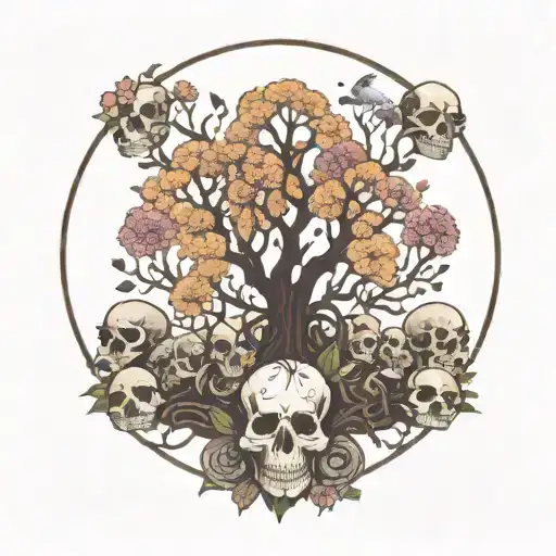 flowering tree of life atop a mound of many skulls encased in a circle tattoo design idea