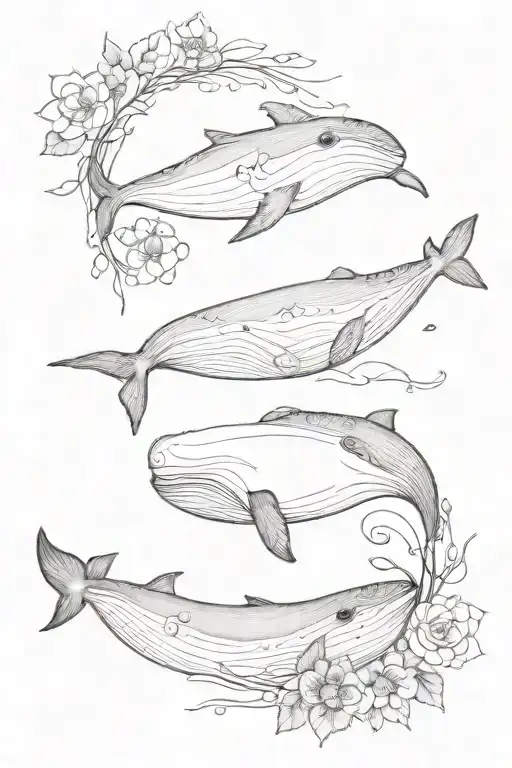 two whales swimming in the middle of december, august, may and october birth flowers tattoo design idea