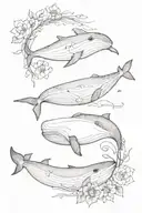 two whales swimming in the middle of december, august, may and october birth flowers tattoo design idea