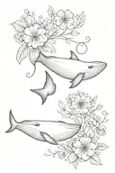 two whales swimming in the middle of december, august, may and october birth flowers tattoo design idea