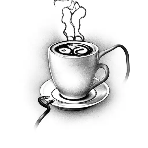 An espresso cup surrounded by swirling coffee beans and steam, with an electrical wire forming the handle tattoo design idea
