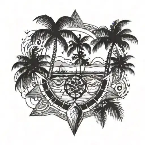 wind rose under the island with palm trees standing on a turtle tattoo design idea