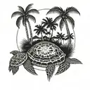 wind rose under the island with palm trees standing on a turtle tattoo design idea