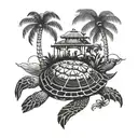 wind rose under the island with palm trees standing on a turtle tattoo design idea