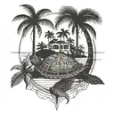 wind rose under the island with palm trees standing on a turtle tattoo design idea
