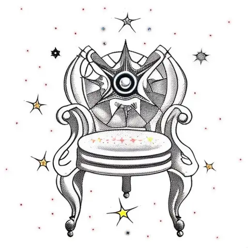 A fancy victorian red velvet looking arm chair with sparkles/stars/a point of light with many rays radiating out of from tattoo design idea