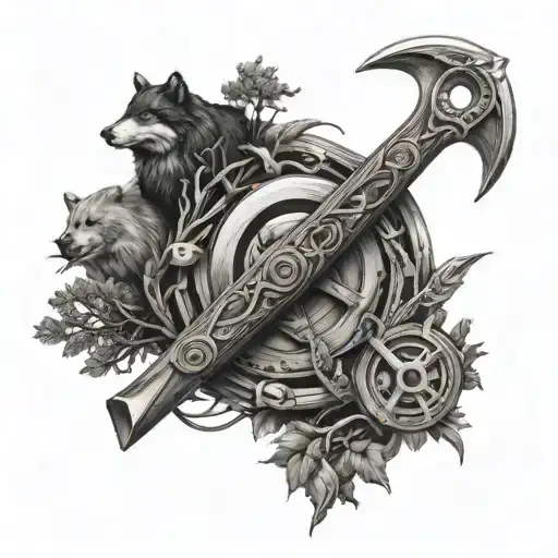 An intricate design of woodworking tools intertwined with elements of nature like trees and animals tattoo design idea