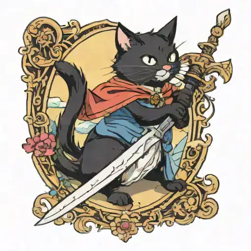 a black cat dressed as markl (howls moving castle) trying to pull out the master sword (Zelda) tattoo design idea