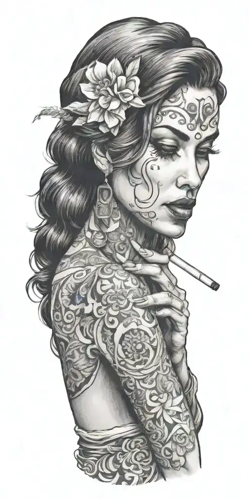 woman smoking a cigarette tattoo design idea