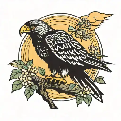 Stoic Hawk on tree branch overlooking nature scene Sunrise Bold colors tattoo design idea