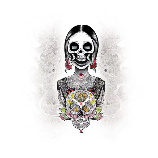 skull face woman with legend "ars amandi" tattoo design idea