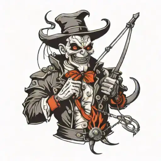 Design a tattoo with a puppet master controlling a demon with strings attached to it in black and white  tattoo design idea