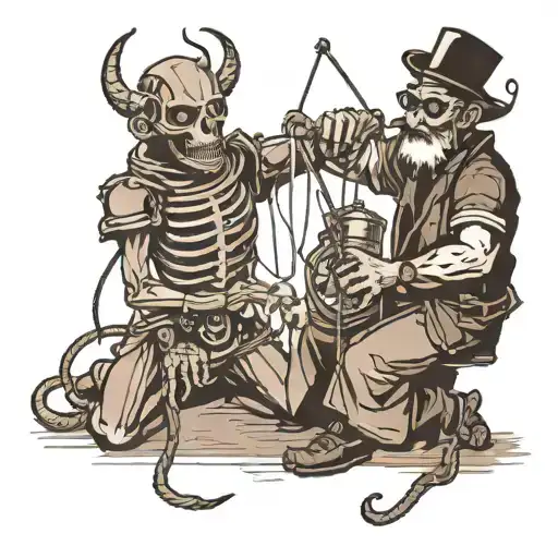 Design a tattoo with a puppet master controlling a demon with strings attached to it in black and white  tattoo design idea