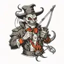 Design a tattoo with a puppet master controlling a demon with strings attached to it in black and white  tattoo design idea