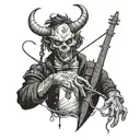 Design a tattoo with a puppet master controlling a demon with strings attached to it in black and white  tattoo design idea