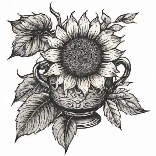 sunflower in a pot on a table mountain tattoo design idea