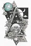 A triangle with a dead body on that change to infinity and universe show on trinagle on the top of triangle for tattoo tattoo design idea