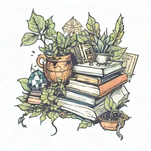 books, plants, crystals, fairy tattoo design idea