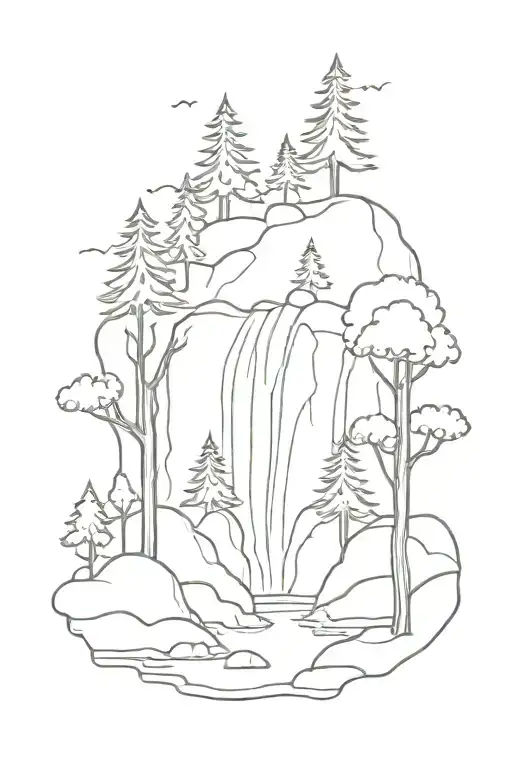 salamander river waterfall pinetrees forest tattoo design idea