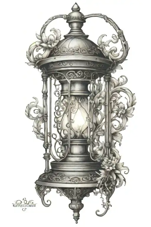 inspired by quote "I am out with lanterns looking for myself", no text, ornate Victorian lantern, haunting and visceral tattoo design idea