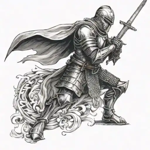 a kneeling knight with a sword in his heart  tattoo design idea