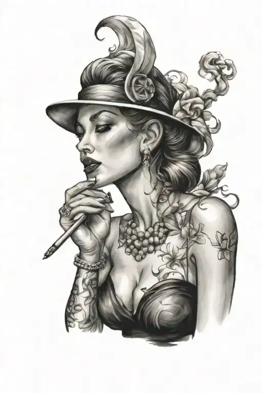 a sexy and femme woman smoking a cigarette being consumed tattoo design idea